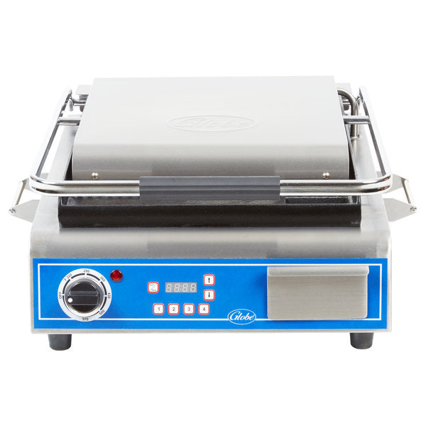 Globe GPG14D Deluxe Sandwich Grill with Grooved Plates - 14" x 14" Cooking Surface