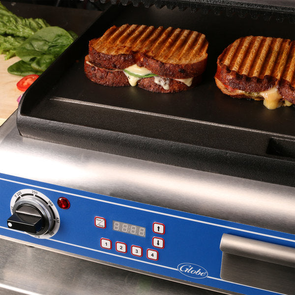 Globe GPGS14D Deluxe Panini Grill with Grooved Top and Smooth Bottom
