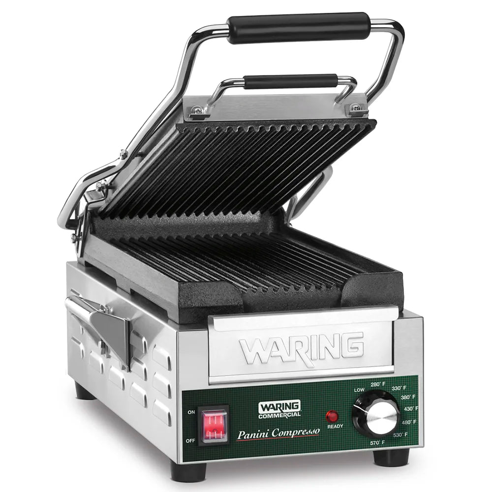 Waring WPG200 Single Commercial Panini Press w/ Cast Iron Grooved Plates, 120v