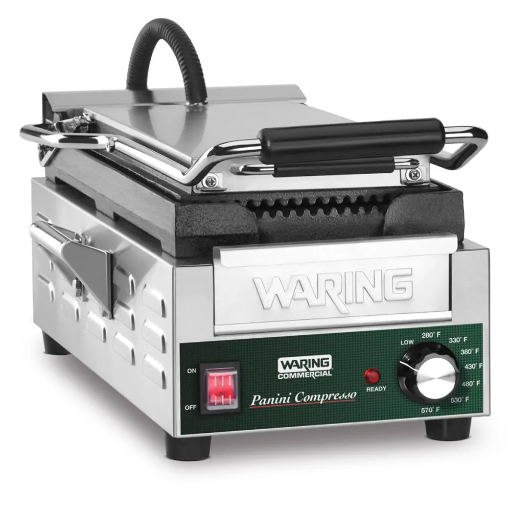 Waring WPG200 Single Commercial Panini Press w/ Cast Iron Grooved Plates, 120v