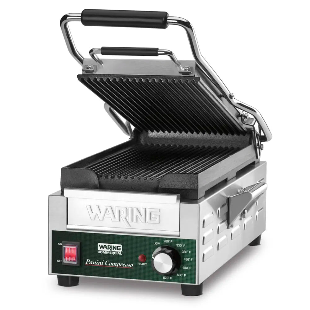 Waring WPG200 Single Commercial Panini Press w/ Cast Iron Grooved Plates, 120v