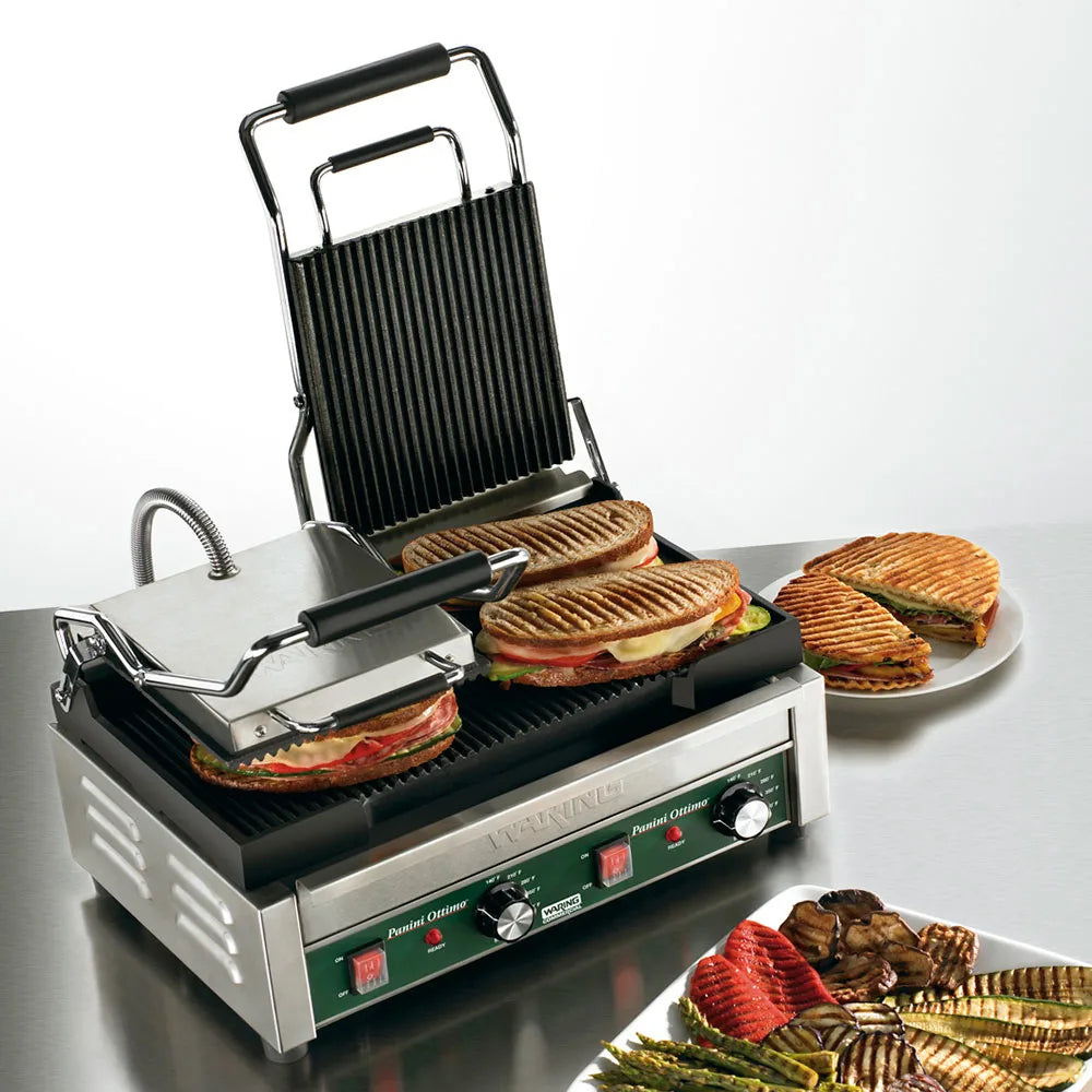 Waring WPG300 Double Commercial Panini Press w/ Cast Iron Grooved Plates, 240v/1ph