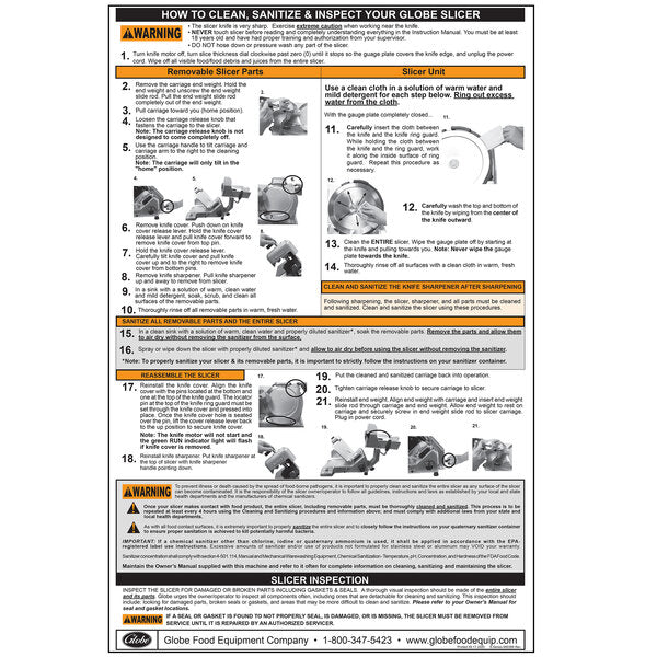 Globe SCHART Slicer Wall Chart for Globe S-Series Slicers