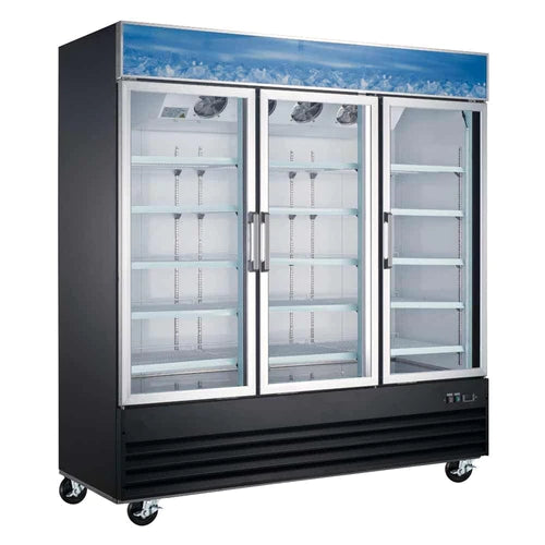 Coldline G80-B 78” Triple Glass Swing Door Merchandising Refrigerator - Black