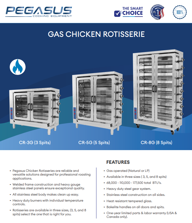 Pegasus CR-8G Gas Chicken Rotisserie, 8 Spits - NG