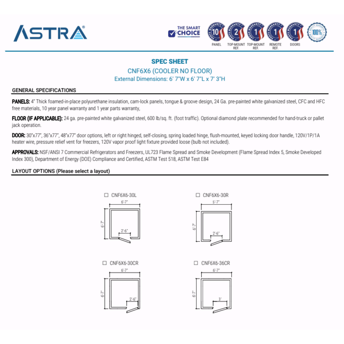 Astra CNF6X6 | 6 x 6 Walk-In Cooler Without Floor