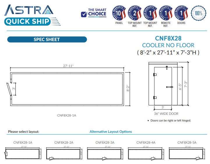 Astra CNF8X28-TM | 8 x 28 Walk-In Cooler Without Floor With Top-Mount Refrigeration