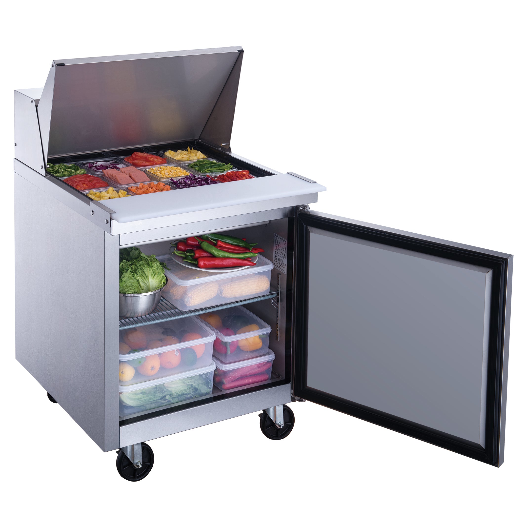 Dukers DSP29-12M-S1 1-Door Commercial Food Prep Table Refrigerator in Stainless Steel with Mega Top