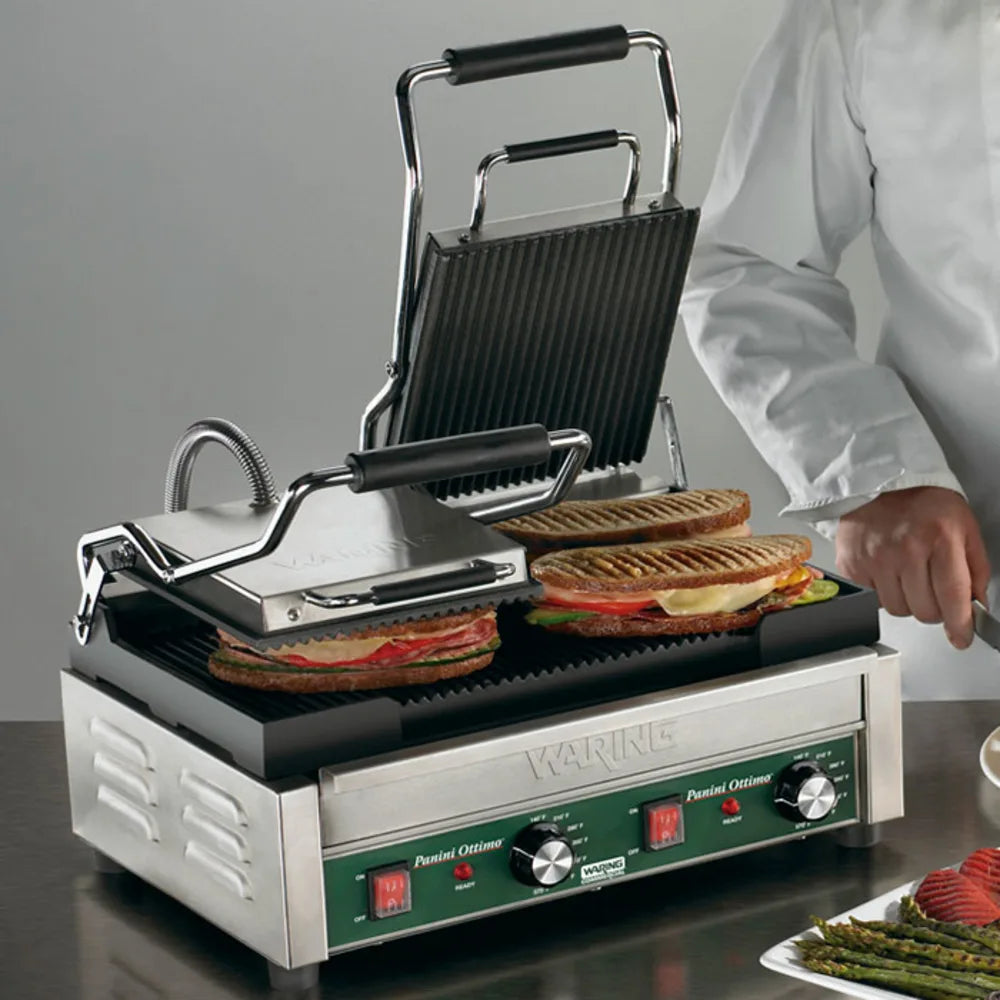 Waring  WPG300 Double Commercial Panini Press w/ Cast Iron Grooved Plates, 240v/1ph