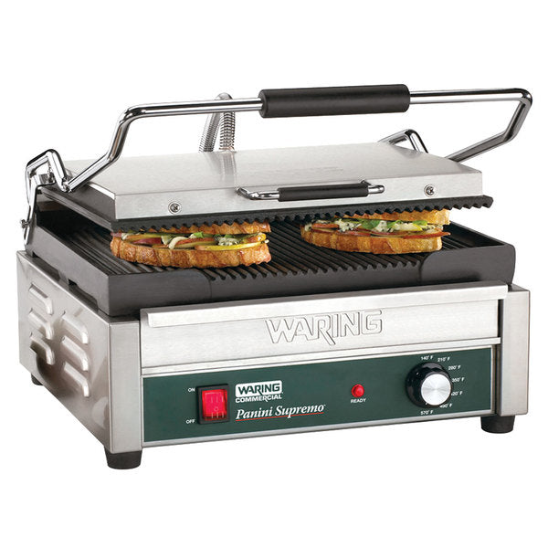 Waring  WPG250 Grooved Top & Bottom Panini Sandwich Grill - 14 1/2" x 11" Cooking Surface - 120V