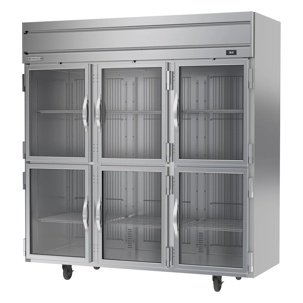 Beverage Air HRS3HC-1HG 6 Glass Half-Doors Top Mount Refrigerator Stainless Steel Front & Interior