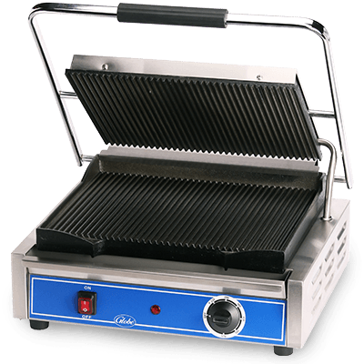 Globe GPG1410 14" x 10" Grooved Iron Top & Bottom  Panini Grill 120V