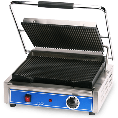 Globe GPG1410 14" x 10" Grooved Iron Top & Bottom Panini Grill 120V