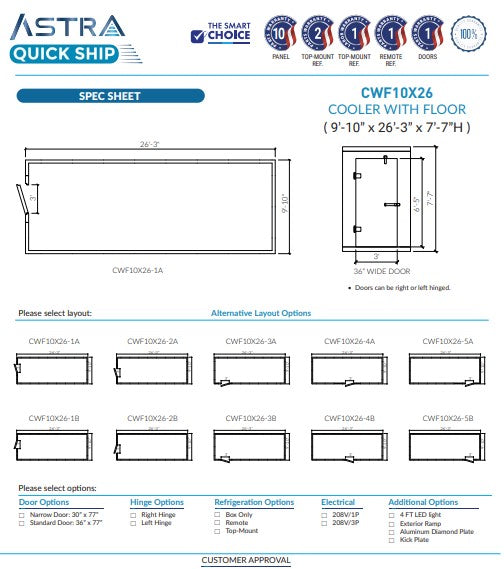Astra CWF10X26 | 10 x 26 Walk-In Cooler With Floor